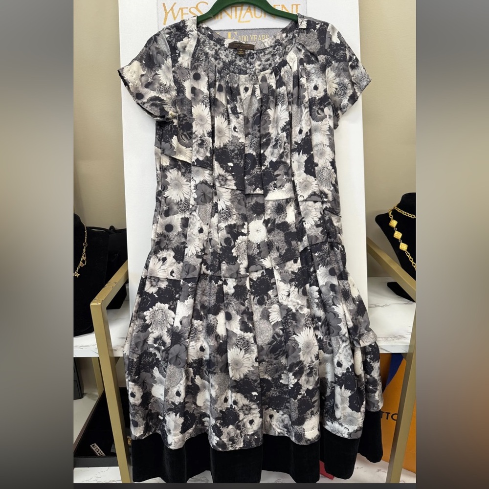 Vintage Louis Vuitton Black and White Floral Silk Dress SZ 36
